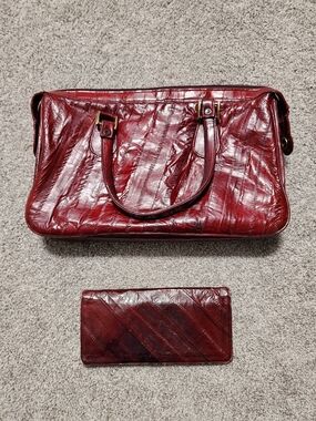Women's Mohagony Red Genuine Eel Skin Satchel Handbag with Matching Wallet